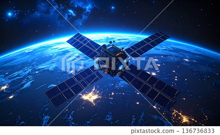 地球軌道上運行的人造衛星示意圖（太空通訊技術） 136736833