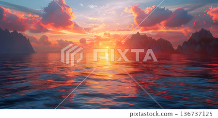 Seascape Sunrise Background, Ocean Sunrise Skyline, Sunrise Seascape View - Ai Generated 136737125