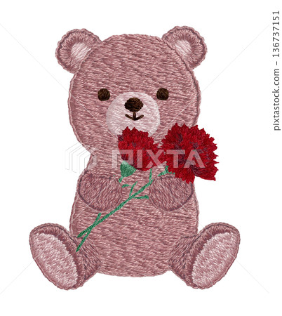 [Teddy bear holding a carnation] Hand-embroidered illustration material 136737151