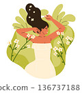 Woman lying on grass outdoors. Person relaxing or dreaming in nature. Harmony with nature vibe. Wellbeing mood concept. Cottagecore and whimsical countryside aesthetic. Isolated vector illustration 136737188