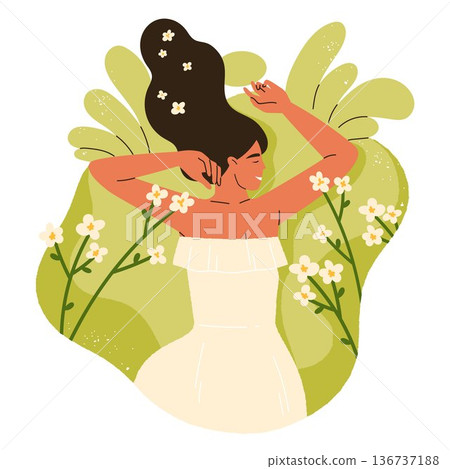 Woman lying on grass outdoors. Person relaxing or dreaming in nature. Harmony with nature vibe. Wellbeing mood concept. Cottagecore and whimsical countryside aesthetic. Isolated vector illustration 136737188