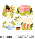 Cottagecore lifestyle set. Cozy rural life, barefoot walks, gardening, homemade food, soft feminine. Harmony with nature vibe. Slow living, relaxing countryside aesthetic. Isolated vector illustration 136737189