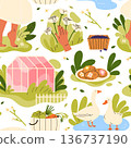 Cottagecore lifestyle seamless pattern. Cozy rural life, barefoot walks, gardening, homemade food, soft feminine. Harmony with nature vibe. Slow living, relaxing countryside aesthetic. Isolated vector 136737190