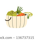 Wicker basket of fresh vegetables. Cabbage, carrot and spring onion. Natural and organic raw food. Healthy harvest. Isolated vector illustration	 136737315
