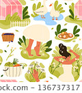 Cottagecore lifestyle seamless pattern. Cozy rural life, barefoot walks, gardening, homemade food, soft feminine. Harmony with nature vibe. Slow living, relaxing countryside aesthetic. Isolated vector 136737317