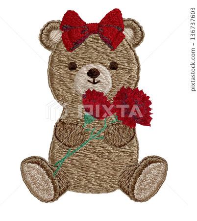 【泰迪熊手捧康乃馨】手工刺繡插畫素材 136737603