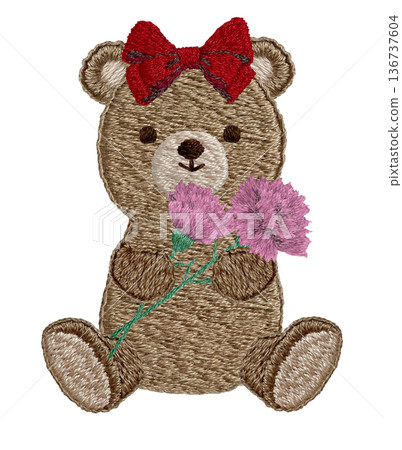 [Teddy bear holding a carnation] Hand-embroidered illustration material 136737604
