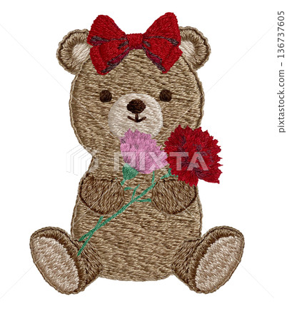 【泰迪熊手捧康乃馨】手工刺繡插畫素材 136737605