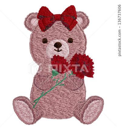 【泰迪熊手捧康乃馨】手工刺繡插畫素材 【泰迪熊手捧康乃馨】手工刺繡插畫素材 136737606