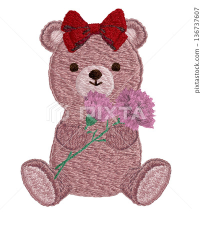 【泰迪熊手捧康乃馨】手工刺繡插畫素材 136737607