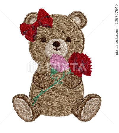 【泰迪熊手捧康乃馨】手工刺繡插畫素材 136737649
