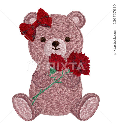 [Teddy bear holding a carnation] Hand-embroidered illustration material 136737650