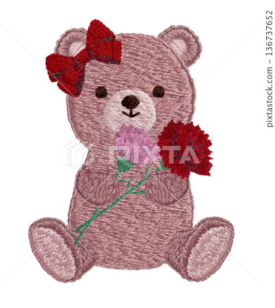 [Teddy bear holding a carnation] Hand-embroidered illustration material 136737652