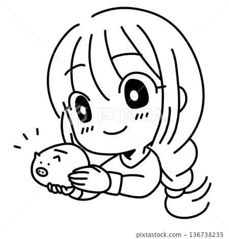 Line drawing illustration of a woman holding a piggy bank 136738235