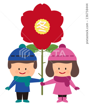 圖：身穿冬裝的孩子手捧一朵山茶花 136738444
