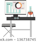 Scientist office with computer, chemical flask on worktable vector icon isolated on white 136738745
