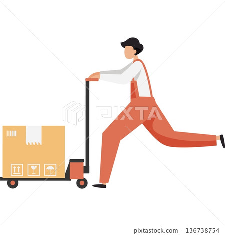 Man courier pushing trolley cart with cardboard boxes vector icon isolated on white Man courier pushing trolley cart with cardboard boxes vector icon isolated on white 136738754