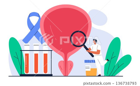 Prostate cancer awareness concept. Urologist check up male genitourinary system. Men healthcare, prostatitis treatment. Isolated vector illustration in cartoon style 136738793