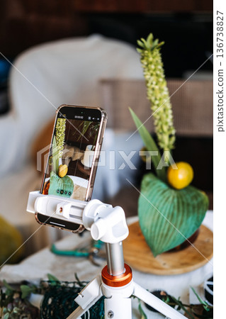 Smartphone on tripod films botanical arrangement with green flower and fruit. floral blog, documenting craft, creative process, social media marketing, artisan storytelling Smartphone on tripod films botanical arrangement with green flower and fruit. floral blog, documenting craft, creative process, social media marketing, artisan storytelling 136738827