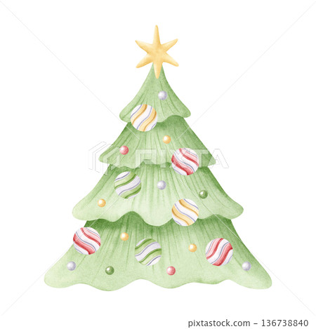 Cartoon Christmas tree decorated with gold star and baubles watercolor illustration isolated on white for Happy New Year greeting cards and designs. Simple spruce drawing with hanging balls clip art 136738840