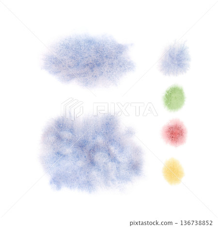 Watercolor winter clouds background elements illustration set isolated on white. Hand drawn pastel blue paint splashes and blobs. Red, green and yellow round stains for Christmas abstract designs 136738852