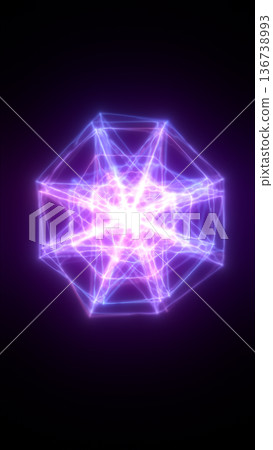 Glowing purple geometric structure with electrified lines forming a radiant abstract energy shape on a dark background Glowing purple geometric structure with electrified lines forming a radiant abstract energy shape on a dark background 136738993
