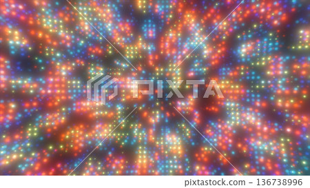 Vivid abstract burst of multicolored glowing dots forming a dynamic digital tunnel with rich neon tones 136738996
