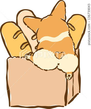 Cute Corgi Butt Climbing into Bread Bag Cartoon Hand Drawn, Bread Loaf Dog 136739043