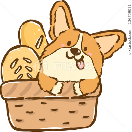 Cute Corgi Loaf in Bread Basket Cartoon Hand Drawn, Bread Loaf Dog 136739051
