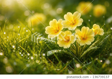 Yellow spring flowers blooming in green grass with morning sunlight and dew Yellow spring flowers blooming in green grass with morning sunlight and dew 136739137