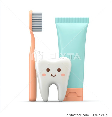 Cute smiling tooth with toothbrush and toothpaste dental hygiene concept Cute smiling tooth with toothbrush and toothpaste dental hygiene concept 136739140