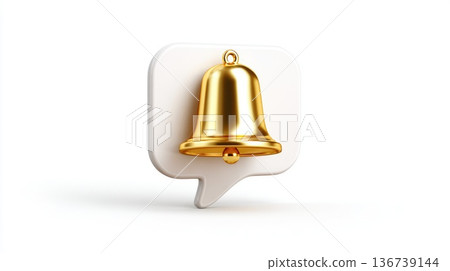 Gold bell notification icon on white speech bubble app interface symbol Gold bell notification icon on white speech bubble app interface symbol 136739144