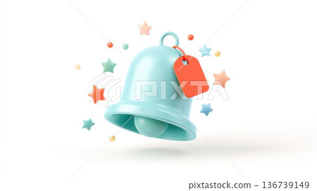 3D notification bell icon with tag and colorful stars floating around 136739149