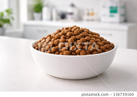White bowl filled with crunchy dry pet food kibble on clean kitchen table background White bowl filled with crunchy dry pet food kibble on clean kitchen table background 136739160