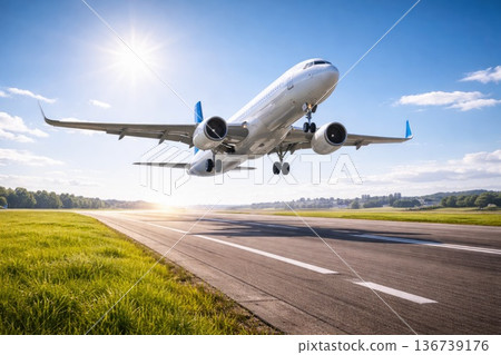 Passenger airplane taking off from runway under blue sky and bright sunlight 136739176