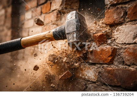 Sledgehammer breaking brick wall with flying debris and dust 136739204