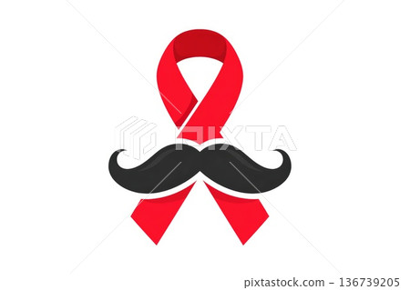 Red awareness ribbon with mustache symbol on white background Red awareness ribbon with mustache symbol on white background 136739205
