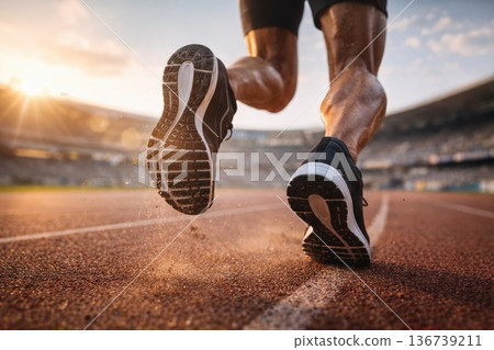 Athlete running on stadium track close up of shoes during sunset training session 136739211