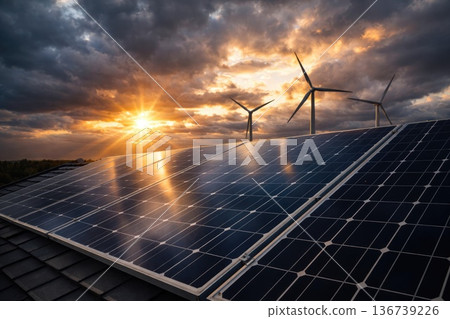 Solar panels and wind turbines at sunset renewable energy sustainable power concept Solar panels and wind turbines at sunset renewable energy sustainable power concept 136739226