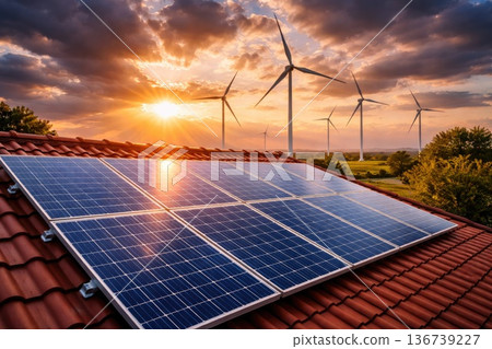 Rooftop solar panels with wind turbines in rural landscape eco friendly energy system Rooftop solar panels with wind turbines in rural landscape eco friendly energy system 136739227