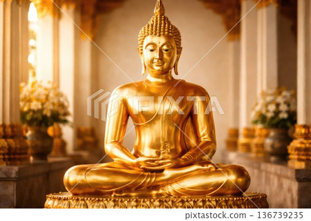 Golden Buddha statue in meditation pose inside peaceful temple interior 136739235