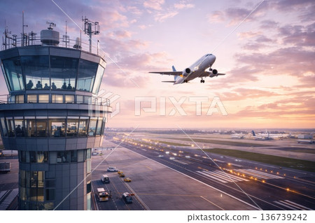 Passenger airplane taking off near airport control tower at sunset 136739242