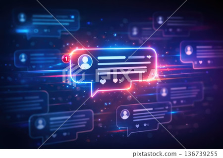 Neon social media notification chat bubble with likes and comments Neon social media notification chat bubble with likes and comments 136739255