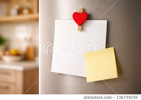 Blank note paper with red heart clip and sticky note on fridge Blank note paper with red heart clip and sticky note on fridge 136739256