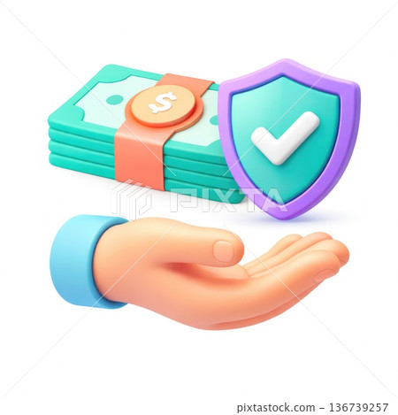 Hand holding money stack with security shield and check mark Hand holding money stack with security shield and check mark 136739257