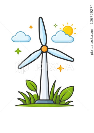 Cute eco wind turbine illustration with sun clouds and green leaves concept Cute eco wind turbine illustration with sun clouds and green leaves concept 136739274
