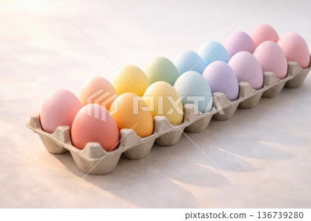 Row of soft pastel Easter eggs in cardboard box with sunlight and shadows Row of soft pastel Easter eggs in cardboard box with sunlight and shadows 136739280