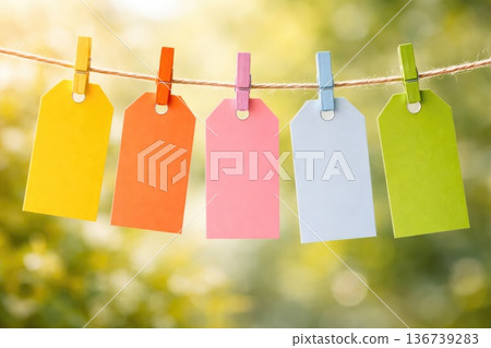 Colorful blank price tags hanging on rope with clothespins in nature background Colorful blank price tags hanging on rope with clothespins in nature background 136739283