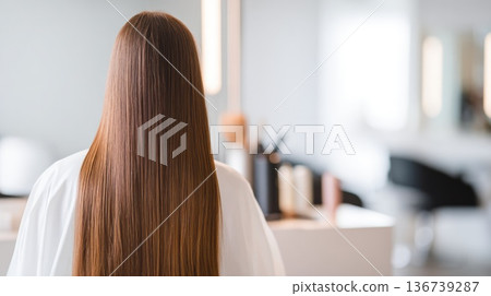 Back view of long straight silky hair in beauty salon hairstyle concept Back view of long straight silky hair in beauty salon hairstyle concept 136739287