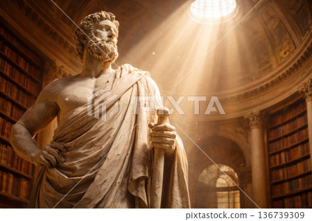Ancient marble statue of Roman philosopher in classical library with dramatic sunlight rays Ancient marble statue of Roman philosopher in classical library with dramatic sunlight rays 136739309